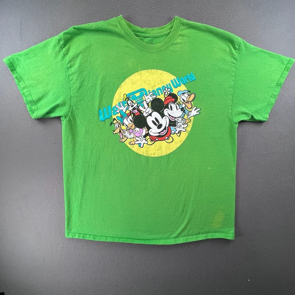 Disney Men T-Shirt 100% Cotton XL Green Mickey Mouse Graphic World Retro